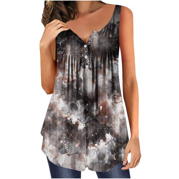 Wycnly Tank Top for Women Floral Print Summer V-Neck Sleeveless T Shirts Button Pleated Swing Tunic Blouses Breathable Henley Shirts Vest Dark Gray m Under $5