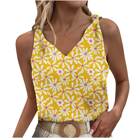 Wycnly Womens Tank Tops Summer Floral V-Neck Sleeveless T Shirts Beach Holiday Ladies Fashion Knotted Strappy Vest Blouses Yellow l Under $5