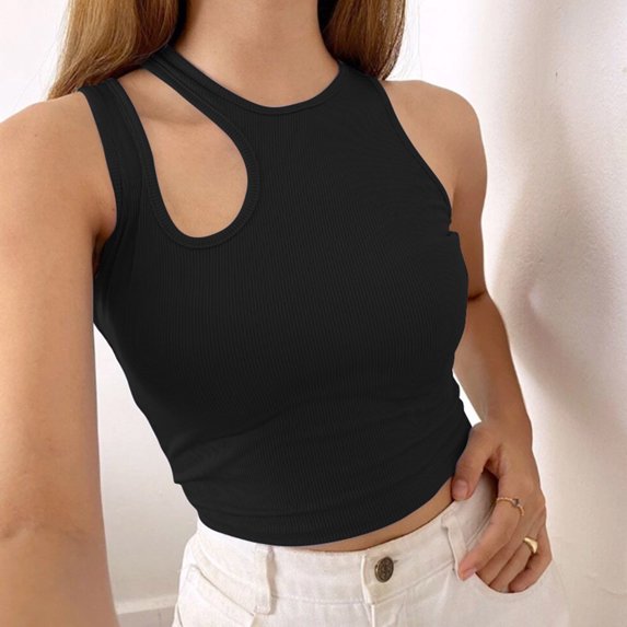 Wycnly Womens Tank Tops Summer Plain Crewneck Sleeveless T Shirts Sexy Hollowed Solid Knitted Ribbed Slim Fit Blouse Vest Black s Under $5