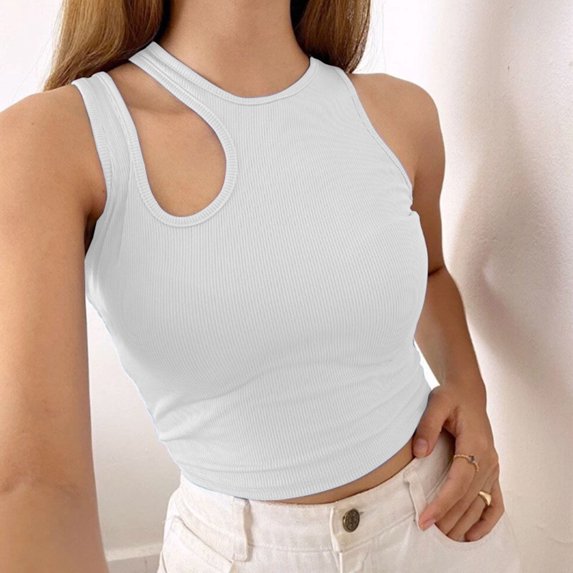 Wycnly Womens Tank Tops Summer Plain Crewneck Sleeveless T Shirts Sexy Hollowed Solid Knitted Ribbed Slim Fit Blouse Vest White l Clearance Under $5