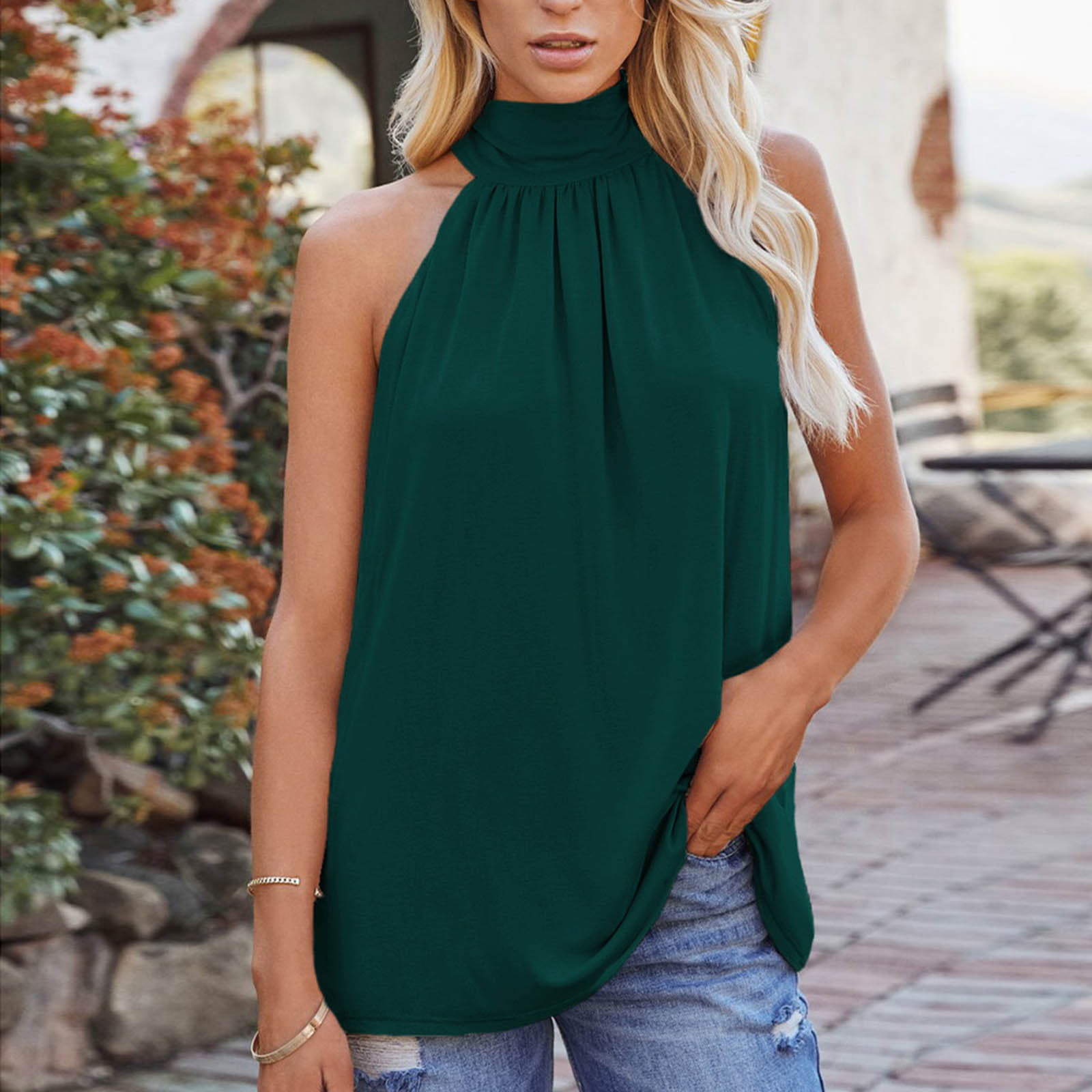 Wycnly Womens Tank Tops Summer Solid Halter Sleeveless T Shirts Beach Off  Shoulder Loose Flowy Lightweight Vest Blouses Green m Clearance Under $5
