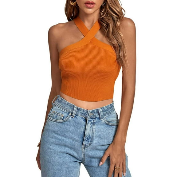 Wycnly Womens Tank Tops Summer Solid Halter Sleeveless T Shirts Sexy Off Shoulder Slim Fit Knitted Ribbed Going Out Blouses Vest Orange l Under $5