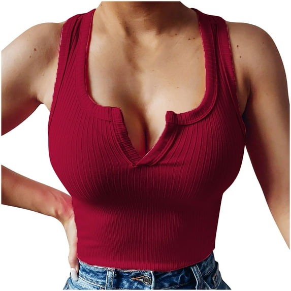 Wycnly Womens Tank Tops Summer Solid V-Neck Sleeveless T Shirts Fashion Slim Fit Knitted Ribbed Tunic Vest Blouses Wine s Under $5