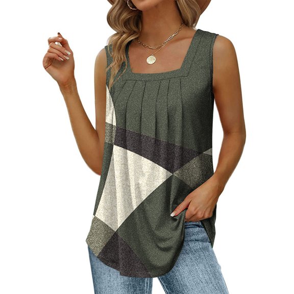 Wycnly Womens Tank Tops Trendy Loose Pleated Swing Breathable Tunic Tank Tops Summer Fashion Geometric Print Square Neck Sleeveless Shirts Blouse Gray m