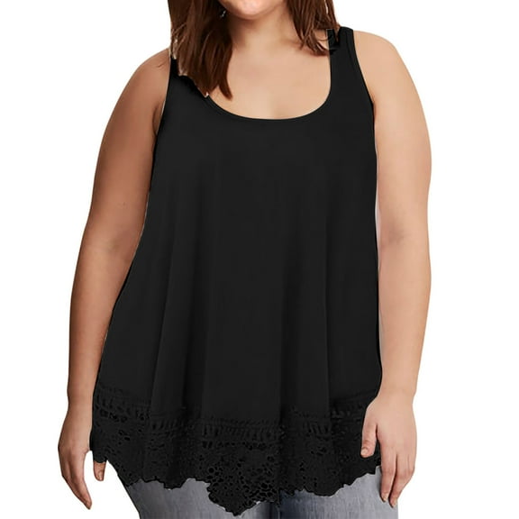 Wycnly Womens Tank Tops Vintage Lace Patchwork Plus Size Swing Tunic Vest Tops Summer Fashion Solid Square Neck Sleeveless Shirts Blouse Black s
