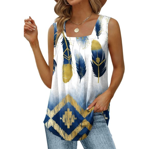 Wycnly Womens Tank Tops Vintage Loose Pleated Swing Hem Tunic Vest Tops Summer Fashion Ethnic Style Print Square Neck Sleeveless Shirts Blouse White s