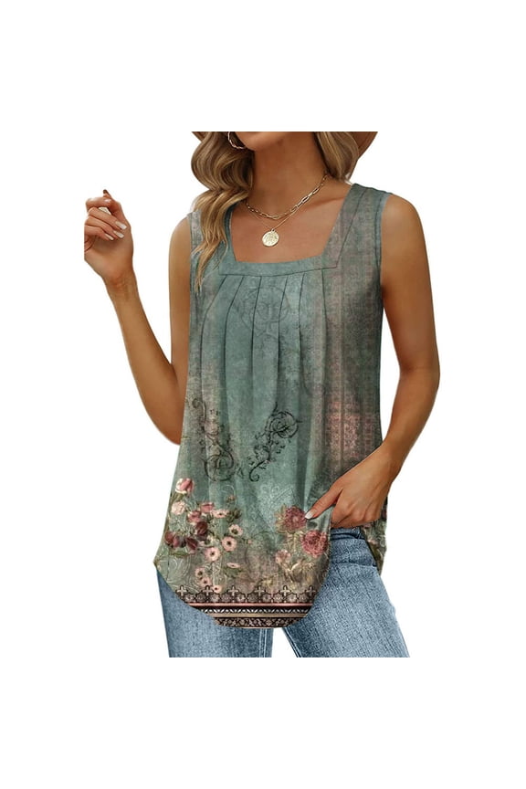 Womens Tank Tops Vintage Loose Pleated Swing Hem Tunic Vest Tops Summer Fashion Ethnic Style Print Square Neck Sleeveless Shirts Blouse Green l
