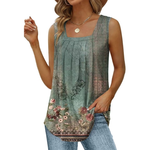 Wycnly Womens Tank Tops Vintage Loose Pleated Swing Hem Tunic Vest Tops Summer Fashion Ethnic Style Print Square Neck Sleeveless Shirts Blouse Green l