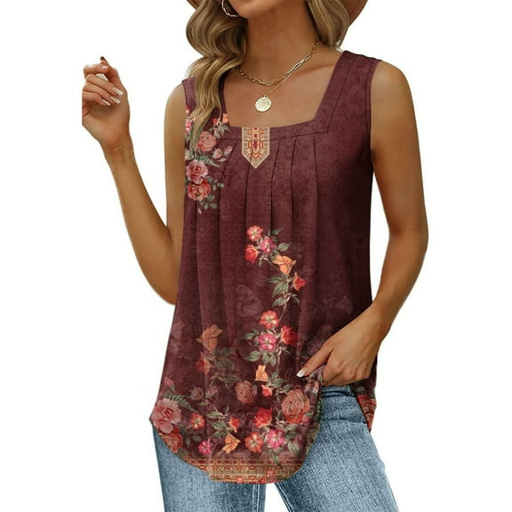 Wycnly Womens Tank Tops Vintage Loose Pleated Swing Hem Tunic Vest Tops Summer Fashion Ethnic Style Print Square Neck Sleeveless Shirts Blouse Wine XL