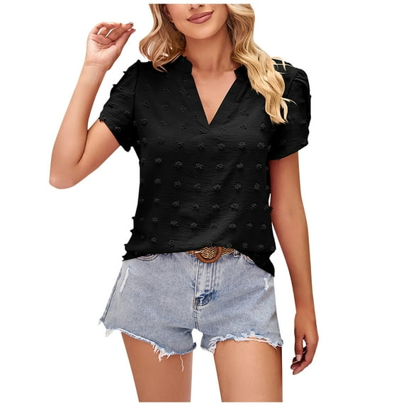 Wycnly Womens Tops Beach Comfy Lightweight Chiffon Jacquard Tunic Shirts Summer Casual Solid V-Neck Short Sleeve Blouse Black XXL