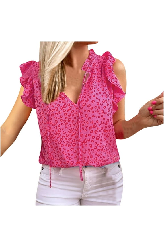 Womens Tops Beach Fashion Ruffle Sleeve Loose Fit Tshirt with Tie Summer Casual Leopard Print V-Neck Short Sleeve Blouse Hot Pink XXL