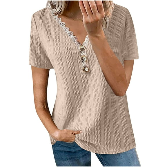 Wycnly Womens Tops Button Down Plus Size Comfy Knitted Ribbed Tunic Shirts Summer Casual Solid V-Neck Short Sleeve Blouse Khaki XXXL