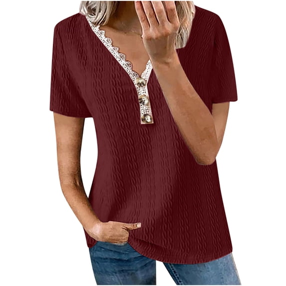Wycnly Womens Tops Button Down Plus Size Comfy Knitted Ribbed Tunic Shirts Summer Casual Solid V-Neck Short Sleeve Blouse Wine XXXXL