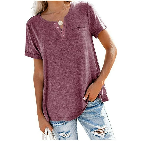 Wycnly Womens Tops Casual Button Down Comfy Breathable Workout Tshirts with Pocket Summer Cute Solid V-Neck Short Sleeve Blouses Wine m