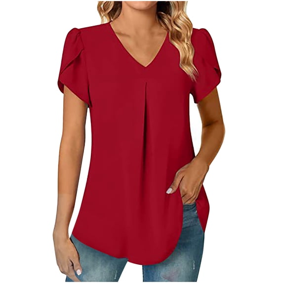 Wycnly Womens Tops Casual Solid Petal Sleeve Pleated Lightweight Tunic Shirts Summer Casual Plain V-Neck Short Sleeve Blouse Light Blue XXL