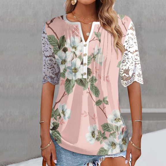 Wycnly Womens Tops Daisy Print Short Sleeve V-Neck Tee Shirts Summer Elegant Lace Trim Button Down Pullover Tunic Blouses Pink XXL Clothes