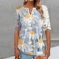thumbnail image 1 of Wycnly Womens Tops Daisy Print Short Sleeve V-Neck Tee Shirts Summer Elegant Lace Trim Button Down Pullover Tunic Blouses Light Blue XXL Clothes, 1 of 5