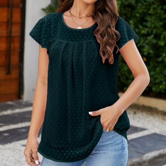 Wycnly Womens Tops Dressy Casual Beach Fashion Smocked Swing Plus Size Lightweight Chiffon Tees Shirts Summer Short Sleeve Round Neck Tops Solid Blouse Green XXXL