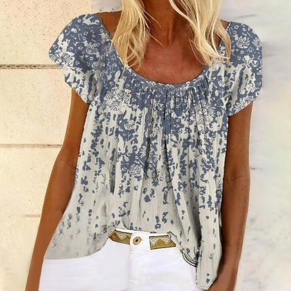 Wycnly Womens Tops Dressy Casual Beach Vacation Vintage Bohemian Loose Fit Lightweight Pullover Shirts Summer Short Sleeve Crewneck Tops Floral Blouse Gray XXL