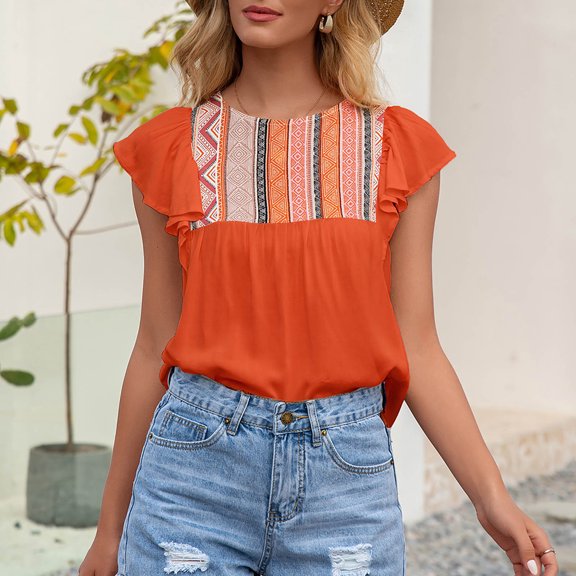 Wycnly Womens Tops Dressy Casual Beach Vintage Graphics Fashion Ruffle Sleeve Lightweight Tee Shirts Summer Short Sleeve Round Neck Tops Western Print Blouse Orange l
