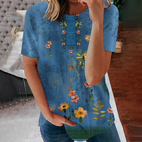 Wycnly Womens Tops Dressy Casual Breathable Comfy Loose Fit Ladies Vintage Pullover Tshirts Summer Short Sleeve Round Neck Tops Floral Print Blouse Blue XXL