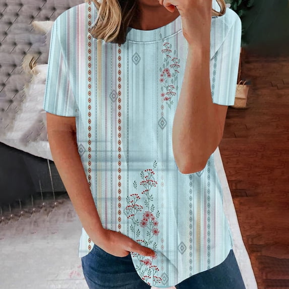 Wycnly Womens Tops Dressy Casual Breathable Comfy Loose Fit Ladies Vintage Pullover Tshirts Summer Short Sleeve Round Neck Tops Floral Print Blouse Light Blue XXL