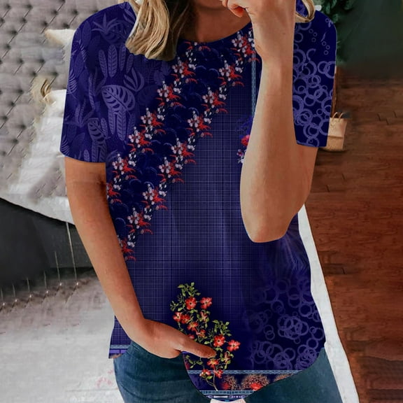 Wycnly Womens Tops Dressy Casual Breathable Comfy Loose Fit Ladies Vintage Pullover Tshirts Summer Short Sleeve Round Neck Tops Floral Print Blouse Purple s