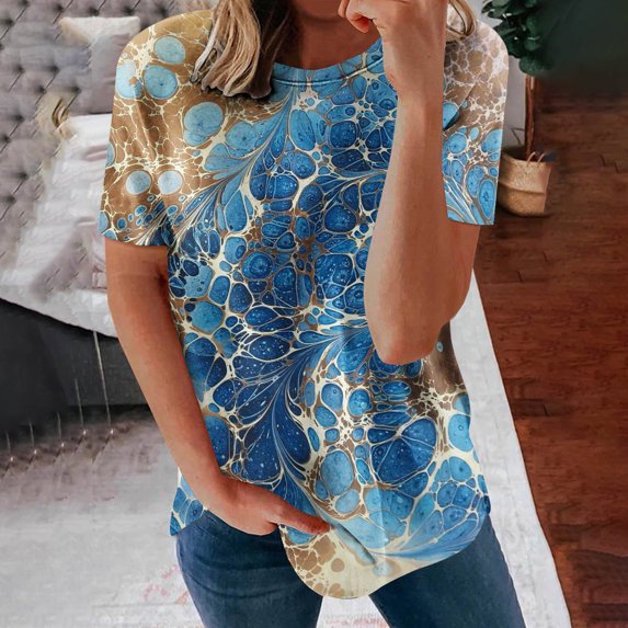 Wycnly Womens Tops Dressy Casual Comfy Breathable Loose Fit Vintage Graphics Ladies Pullover Tees Shirts Summer Short Sleeve Round Neck Tops Western Print Blouse Blue XXL