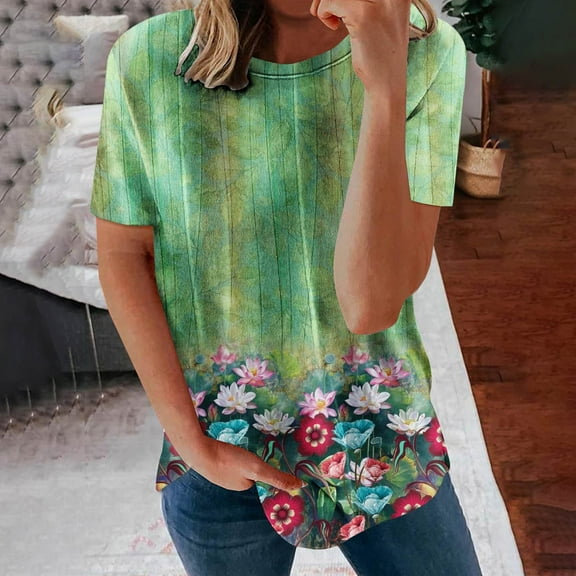 Wycnly Womens Tops Dressy Casual Comfy Breathable Loose Fit Vintage Graphics Ladies Pullover Tees Shirts Summer Short Sleeve Round Neck Tops Western Print Blouse Green XXL