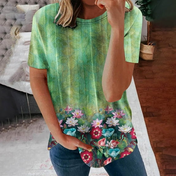 Wycnly Womens Tops Dressy Casual Comfy Breathable Loose Fit Vintage Graphics Ladies Pullover Tees Shirts Summer Short Sleeve Round Neck Tops Western Print Blouse Green XXL