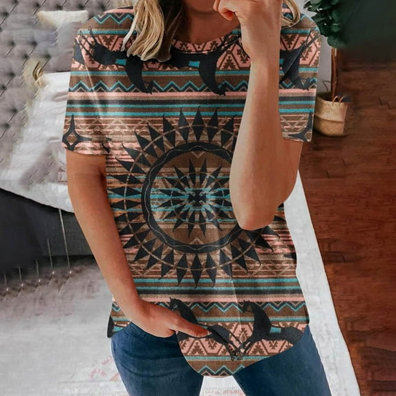Wycnly Womens Tops Dressy Casual Comfy Breathable Loose Fit Vintage Graphics Ladies Pullover Tees Shirts Summer Short Sleeve Round Neck Tops Western Print Blouse Brown XXL