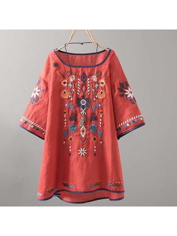 Womens Tops Dressy Casual Cotton Linen Plus Size Vintage Embroidery Loose Fit Swing Tunic Shirts Summer Short Sleeve Round Neck Tops Ethnic Style Print Blouse Red l