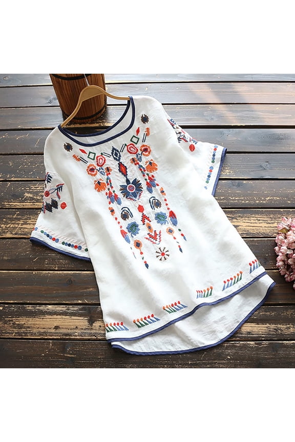 Womens Tops Dressy Casual Cotton Linen Plus Size Vintage Embroidery Loose Fit Swing Tunic Shirts Summer Short Sleeve Round Neck Tops Ethnic Style Print Blouse White XL