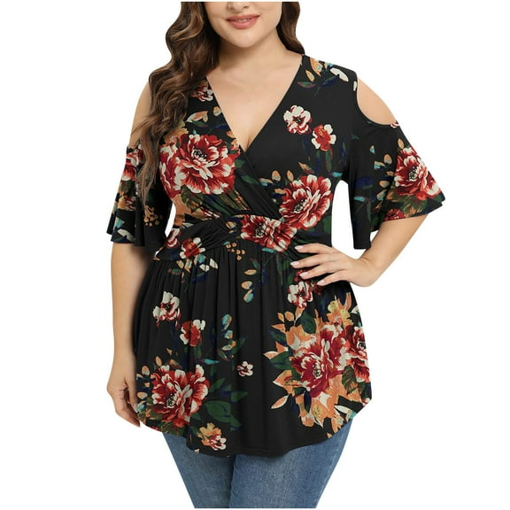 Wycnly Womens Tops Dressy Casual Empire Waist Plus Size Swing Cold Shoulder Tunic Shirts Floral Print V-Neck Short Sleeve Summer BlouseRed XXXL