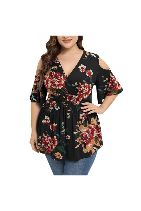 Womens Tops Dressy Casual Empire Waist Plus Size Swing Cold Shoulder Tunic Shirts Floral Print V-Neck Short Sleeve Summer BlouseRed XXXL
