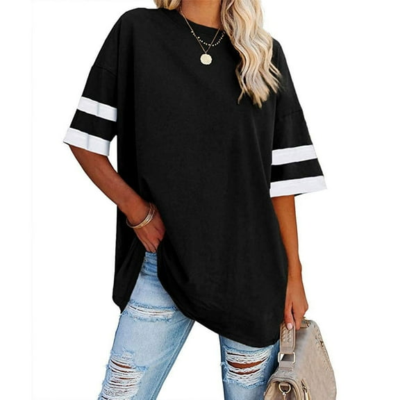 Wycnly Womens Tops Dressy Casual Fashion Breathable Comfy Loose Fit Oversized Workout Tshirt Summer Short Sleeve Crewneck Tops Striped Print Blouse Black XL