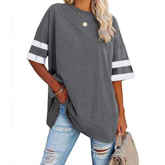 Wycnly Womens Tops Dressy Casual Fashion Breathable Comfy Loose Fit Oversized Workout Tshirt Summer Short Sleeve Crewneck Tops Striped Print Blouse Dark Gray l