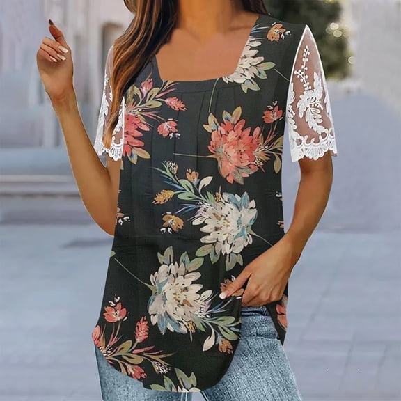 Wycnly Womens Tops Dressy Casual Going out Elegant Lace Patchwork Loose Pleated Swing Tunic Tees Shirts Summer Short Sleeve Round Neck Tops Feather Print Blouse Black s