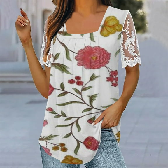 Wycnly Womens Tops Dressy Casual Going out Elegant Lace Patchwork Loose Pleated Swing Tunic Tees Shirts Summer Short Sleeve Round Neck Tops Feather Print Blouse Red m