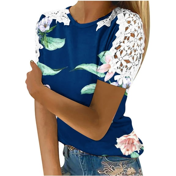 Wycnly Womens Tops Dressy Casual Going out Sexy Lace Patchwork Lightweight Comfy Pullover Tunic Shirts Summer Short Sleeve Round Neck Tops Floral Print Blouse Dark Blue m