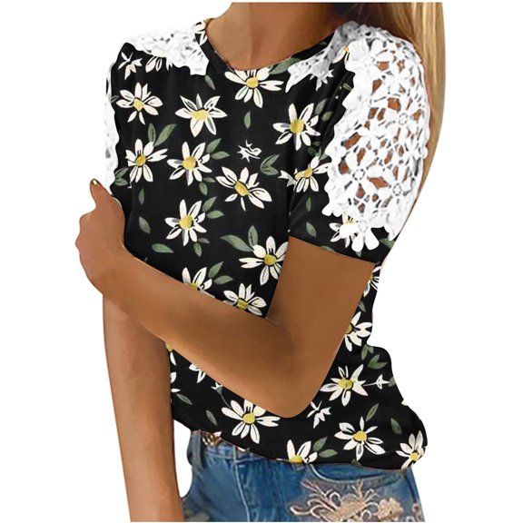 Wycnly Womens Tops Dressy Casual Going out Sexy Lace Patchwork Lightweight Comfy Pullover Tunic Shirts Summer Short Sleeve Round Neck Tops Floral Print Blouse Black XL