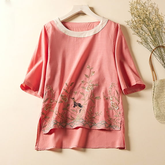 Wycnly Womens Tops Dressy Casual Loose Fit Irregular Side Slit Cotton Linen Fashion Pullover Shirts Summer Short Sleeve Round Neck Tops Leaves Print Blouse Pink m