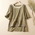 thumbnail image 1 of Wycnly Womens Tops Dressy Casual Loose Fit Irregular Side Slit Cotton Linen Fashion Pullover Shirts Summer Short Sleeve Round Neck Tops Leaves Print Blouse Army Green XXL, 1 of 5