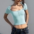 thumbnail image 1 of Wycnly Womens Tops Dressy Casual Party Club Sexy Slim Fit Button up Going out Cropped Tees Shirts Summer Short Sleeve Crewneck Tops Solid Blouse Sky Blue l, 1 of 4