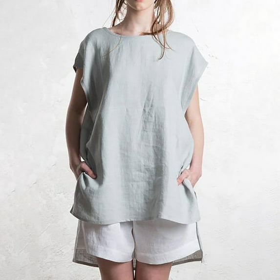 Wycnly Womens Tops Dressy Casual Plus Size Comfy Cotton Linen Irregular Hem Pullover Shirts with Pocket Summer Short Sleeve Round Neck Tops Solid Blouse Light Blue XXL