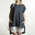 thumbnail image 1 of Wycnly Womens Tops Dressy Casual Plus Size Comfy Cotton Linen Irregular Hem Pullover Shirts with Pocket Summer Short Sleeve Round Neck Tops Solid Blouse Black XL, 1 of 7