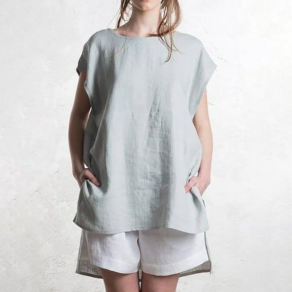 Wycnly Womens Tops Dressy Casual Plus Size Comfy Cotton Linen Irregular Hem Pullover Shirts with Pocket Summer Short Sleeve Round Neck Tops Solid Blouse Light Blue XXXXXL