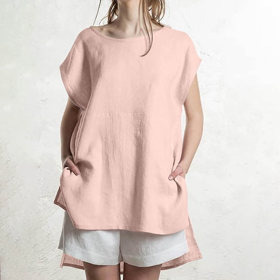 Wycnly Womens Tops Dressy Casual Plus Size Comfy Cotton Linen Irregular Hem Pullover Shirts with Pocket Summer Short Sleeve Round Neck Tops Solid Blouse Pink l