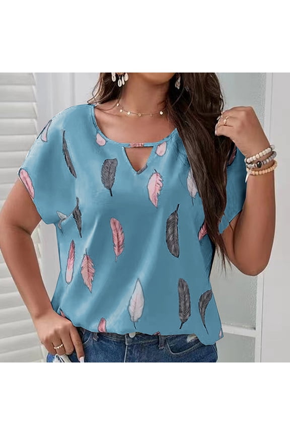 Womens Tops Dressy Casual Plus Size Loose Fit Comfy Lightweight Fashion Keyhole Tees Shirts Summer Short Sleeve Round Neck Tops Feather Print Blouse Light Blue XXXL