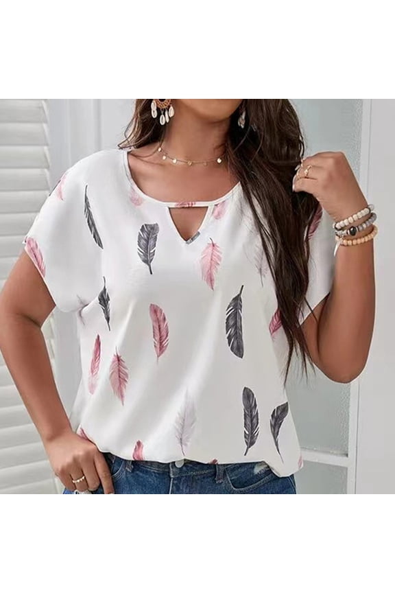 Womens Tops Dressy Casual Plus Size Loose Fit Comfy Lightweight Fashion Keyhole Tees Shirts Summer Short Sleeve Round Neck Tops Feather Print Blouse White XXXXXL